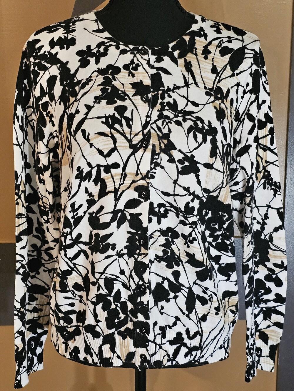 Studio Works Black and White Floral Button-Front Women's Cardigan